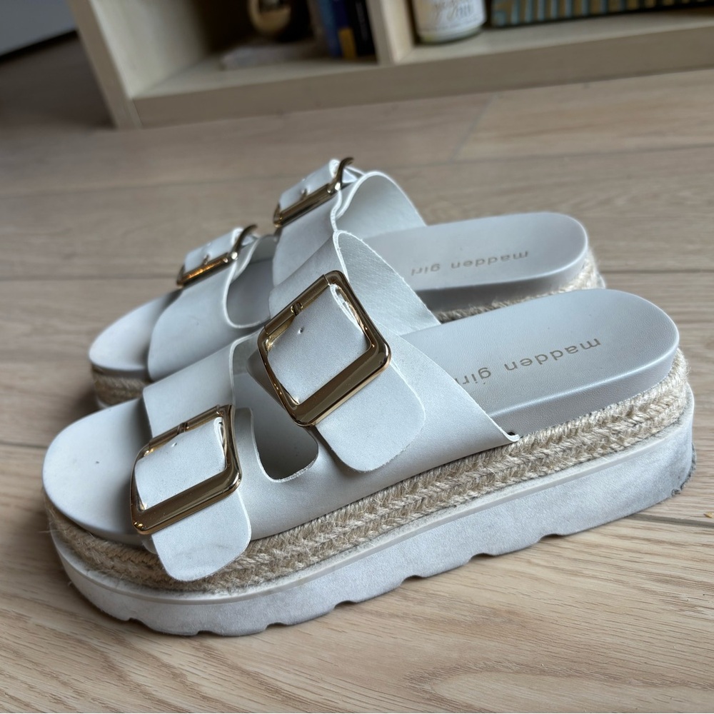 Madden Girl White Platform Slide Sandals with Gold Buckles
